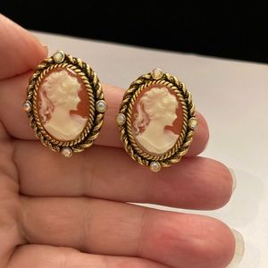 Goldtone Cameo Clip Earrings with Aurora Borealis Rhinestones